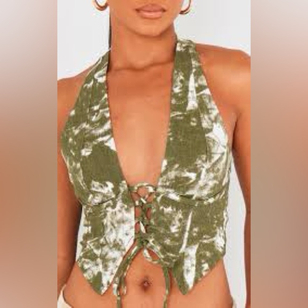 PrettyLittleThing Green Tie-Dye Halter Top